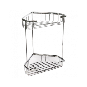 Panier d’angle avec deux étagères en acier inoxydable.