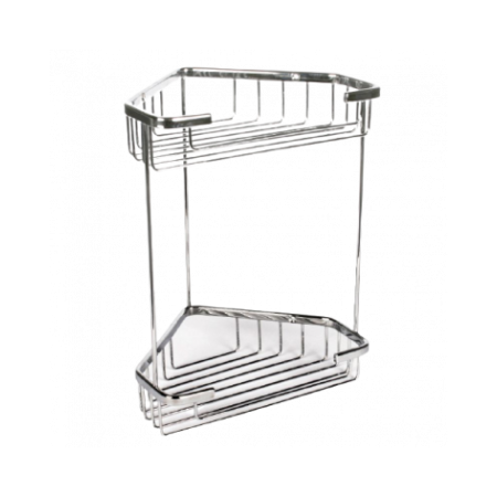 Panier d’angle avec deux étagères en acier inoxydable.