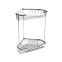 Panier d’angle avec deux étagères en acier inoxydable.