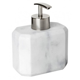 Distributeur de savon en céramique de marbre. La pierre imitant le marbre confère à l’accessoire raffinement et élégance.