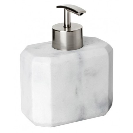 Distributeur de savon en céramique de marbre. La pierre imitant le marbre confère à l’accessoire raffinement et élégance.